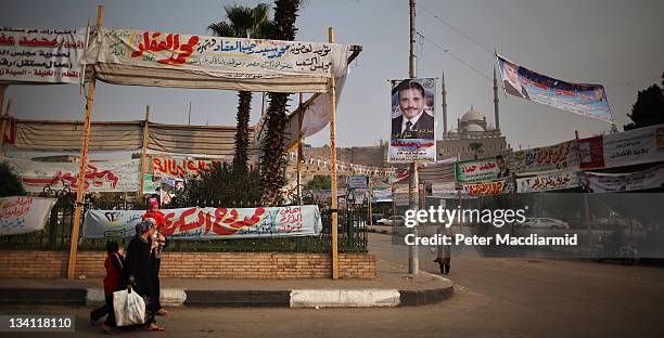 Election banners dominate a roundabout in sight of the Citadel on November 26, 2011 in Cairo, Egypt. Thousands of Egyptians are continuing to occupy...