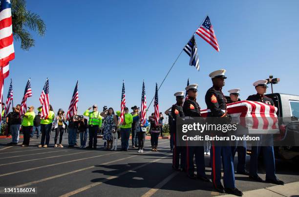 Funeral services are held for Marine Lance Cpt. Kareem Grant Nikoui at the Harvest Christian Fellowship on September. 18, 2021 in Riverside,...