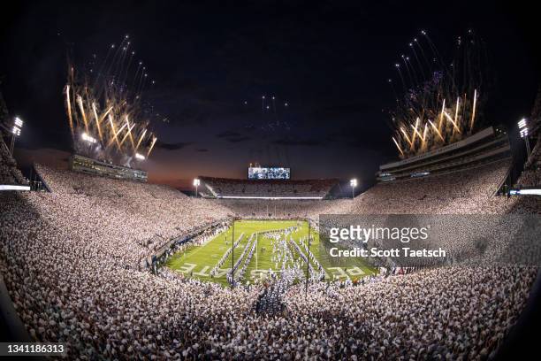 General view of fireworks as the Penn State Nittany Lions take the field before the whiteout game against the Auburn Tigers at Beaver Stadium on...