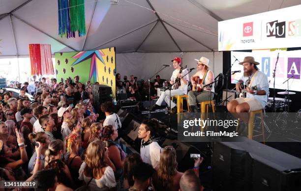 Evan Westfall, Taylor Meier and Matt Vinson of Caamp performs onstage during the 2021 Life Is Beautiful Music & Art Festival on September 18, 2021 in...