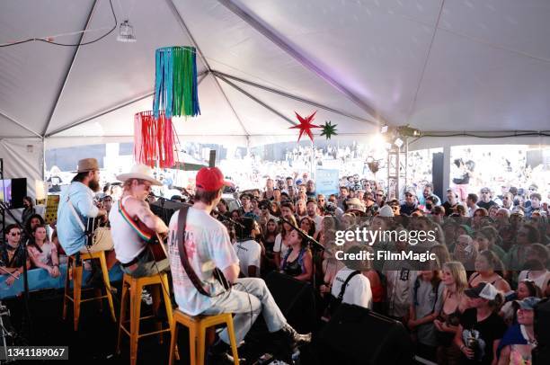 Matt Vinson, Evan Westfall and Taylor Meier of Caamp performs onstage during the 2021 Life Is Beautiful Music & Art Festival on September 18, 2021 in...