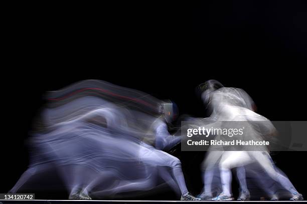 Miles Chamley-Watson of the USA in action against Tommaso Lari of Italy in the semi finals of the Men's Foil Individual at the Fencing Invitational,...