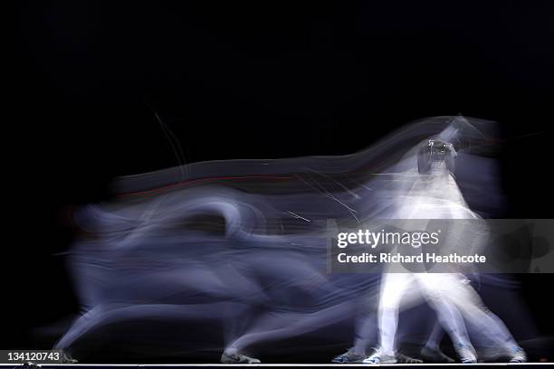 Miles Chamley-Watson of the USA in action against Tommaso Lari of Italy in the semi finals of the Men's Foil Individual at the Fencing Invitational,...