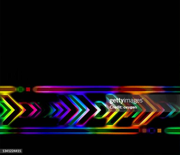 abstract neon arrows line rainbow color on black background - neon arrow stock pictures, royalty-free photos & images
