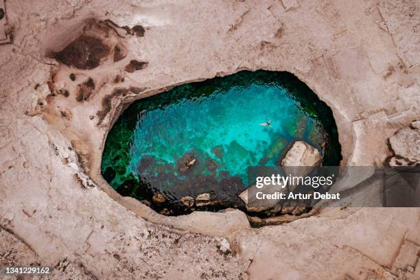 beautiful aerial view of a woman swimming in natural pool in the rocky coast of puglia. italy. - ardia stock-fotos und bilder