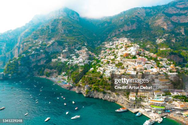 aerial view of the stunning amalfi coast with the colorful positano town in italy. - positano stockfoto's en -beelden