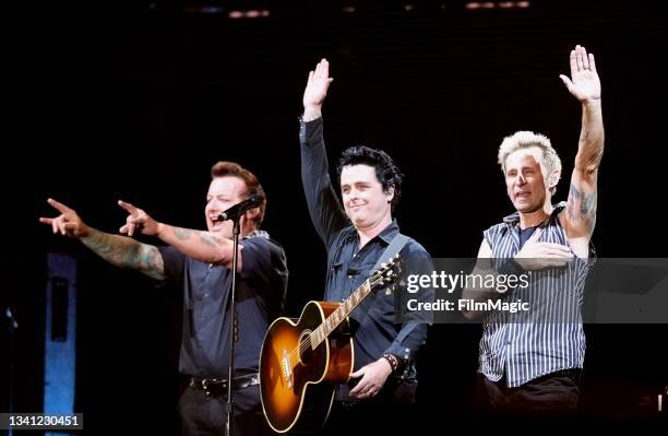 Tré Cool, Billie Joe Armstrong, and Mike Dirnt of Green Day perform onstage during the 2021 Life Is Beautiful Music & Art Festival on September 18,...