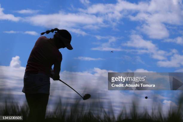 Chie Arimura of Japan hits her tee shot on the 5th hole during the final round of the Sumitomo Life Vitality Ladies Tokai Classic at Shin Minami...