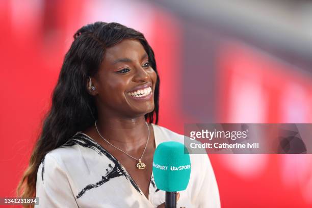 Eni Aluko reports pitchside for ITV Sport television ahead of the FIFA Women's World Cup 2023 Qualifier group D match between England and North...