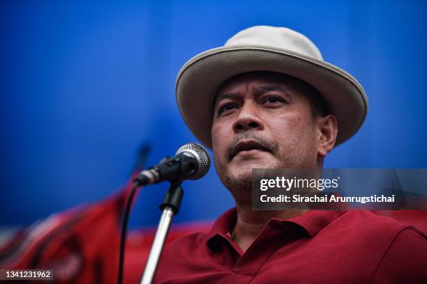 Nuttawut Saikua, a leader of the "Red Shirt" movement, speaks during a "car mob rally" on September 19, 2021 in Bangkok, Thailand. Anti-government...