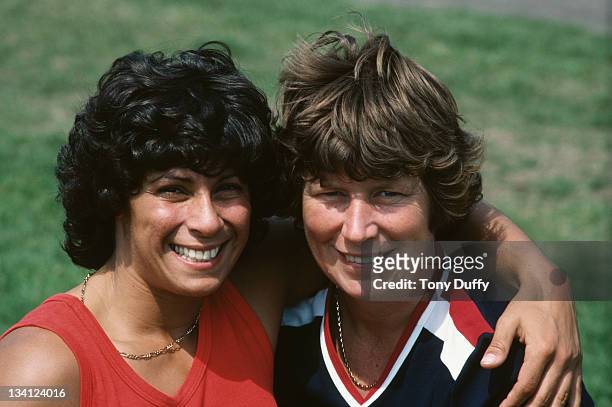Margaret Whitbread the Great Britain national javelin coach with Fatima Whitbread during training on 1st September 1977 at the Crystal Palace in...