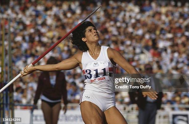 Fatima Whitbread of Great Britain throws the javelin during 13th European Athletics Championships on 9th September 1982 at Olympic Stadium in Athens,...