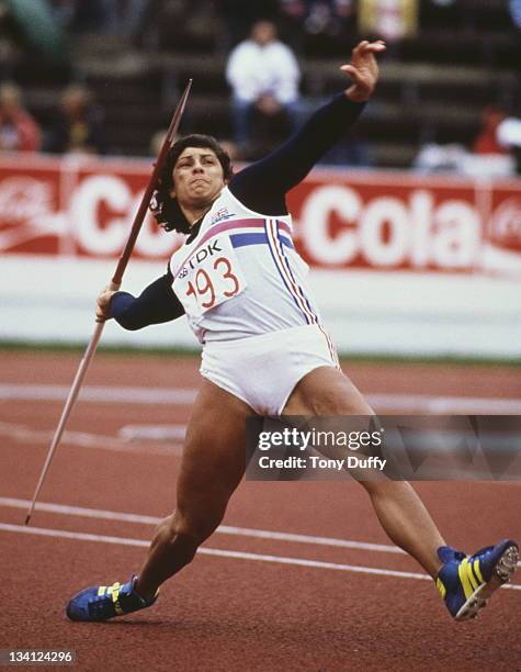 Fatima Whitbread of Great Britain throws during the Women's Javelin event at the IAAF World Championships in Athletics on 13th August 1983 at the...