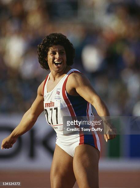 Fatima Whitbread of Great Britain reacts to her throw during the Women's javelin event at the 2nd IAAF World Athletics Championships on 6th September...