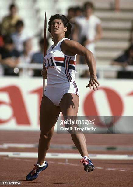 Fatima Whitbread of Great Britain throws the javelin during 13th European Athletics Championships on 9th September 1982 at Olympic Stadium in Athens,...