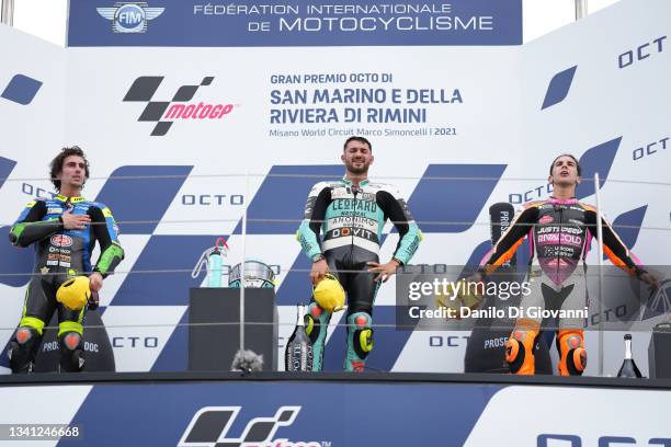 Niccolò Antonelli of Italy and Avintia VR46 , Dennis Foggia of Italy and Leopard Racing , Andrea Migno of Italy and Rivacold Snipers Team compose the...