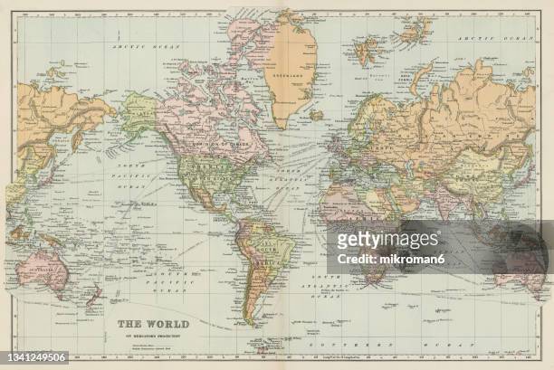 old map of the world map - century of style red carpet stockfoto's en -beelden