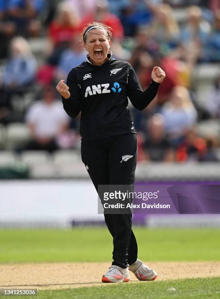 Lea Tahuhu of New Zealand celebrates taking the wicket of Sophie Dunkley of England during the 2nd One Day International match between England and...