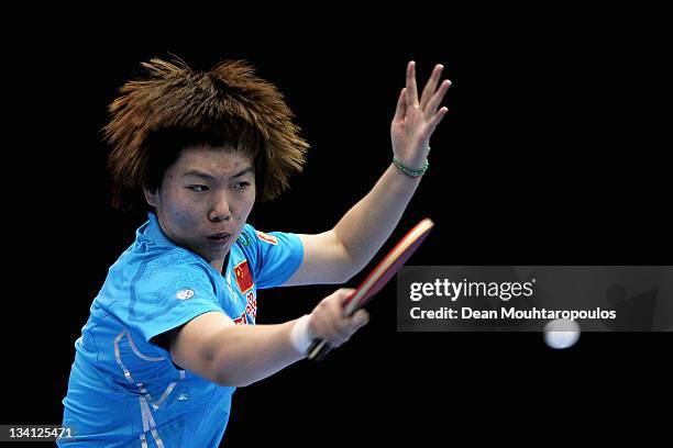 Xiaoxia Li of China in action against Ding Ning of China during the Womens Singles Semi Final match during day three of the ITTF Pro Tour Table...