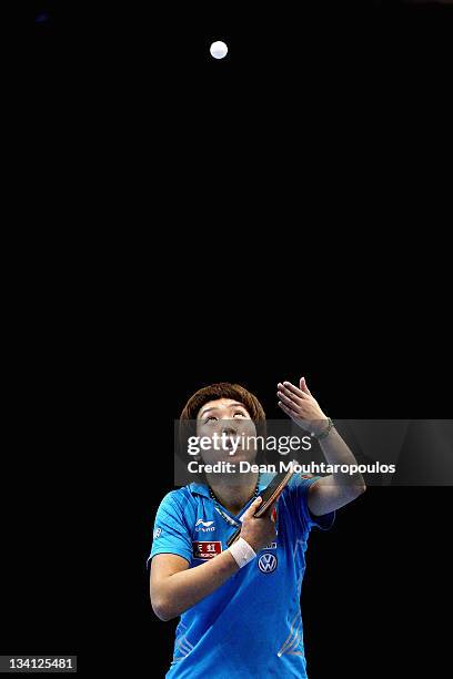 Xiaoxia Li of China in action against Ding Ning of China during the Womens Singles Semi Final match during day three of the ITTF Pro Tour Table...