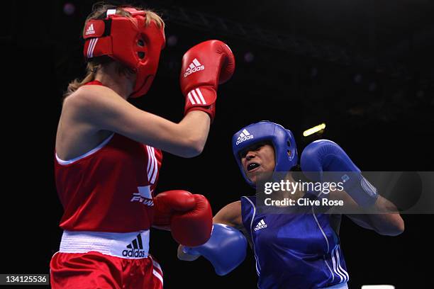 Natasha Jonas of Great Britain in action during her Women's Light Welter weight boxing match against Anastasia Belyakova of Russia during the LOCOG...