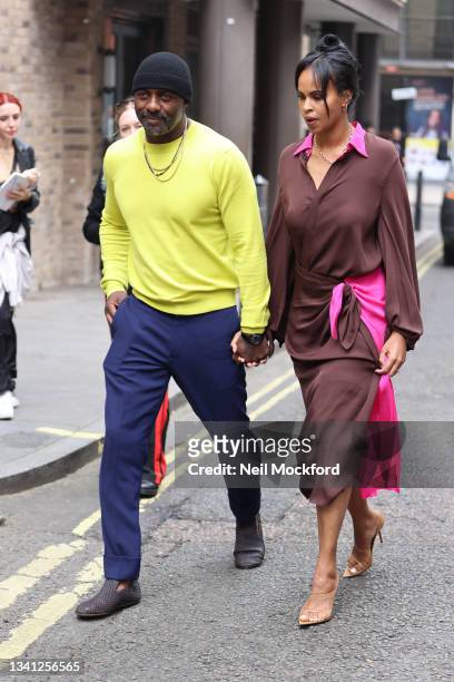 Idris Elba and Sabrina Dhowre Elba seen attending Roland Mouret at the Soho Hotel during London Fashion Week September 2021 on September 19, 2021 in...