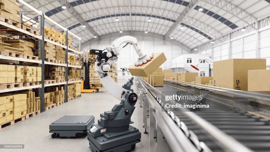 Automated Robot Carriers And Robotic Arm In Smart Distribution Warehouse