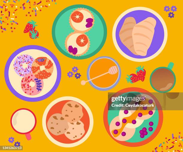 top view of desserts with croissant, donuts, pancakes, cookies, fruit pie, honey, strawberry, sugar sprinkles, coffee and milk stock illustration - pie from above stock illustrations