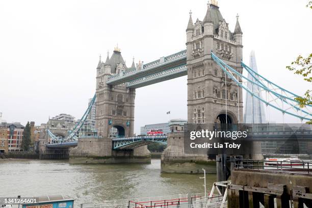 General view of Spotify's Spice Girls Tour Bus on Tower Bridge to celebrate 25 years of The Spice Girls on September 19, 2021 in London, England.