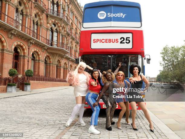 Drag Queens Kitty Scott-Claus, Ophelia Love, Baga Chipz, Vanity Milan and Ella Vaday celebrate 25 years of The Spice Girls with Spotify's Spice Bus...