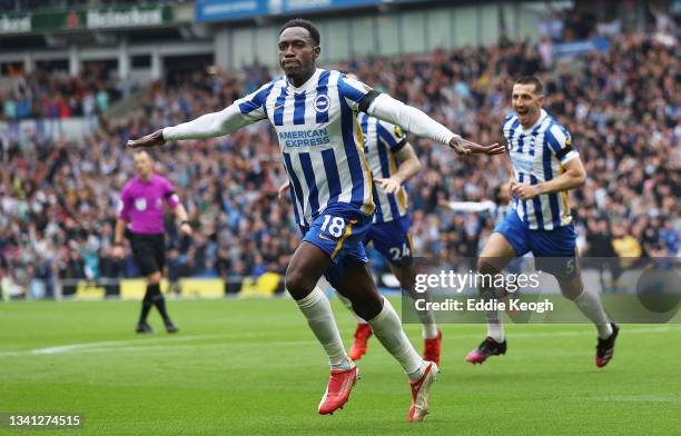 Danny Welbeck of Brighton & Hove Albion celebrates after scoring their side's second goal during the Premier League match between Brighton & Hove...