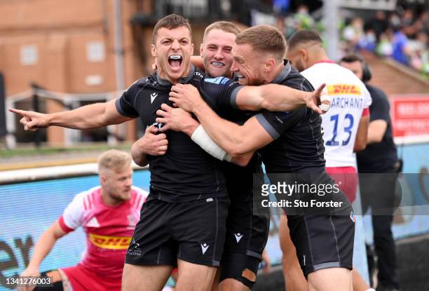 Adam Radwan of Newcastle Falcons celebrates after scoring his teams first try during the Gallagher Premiership Rugby match between Newcastle Falcons...
