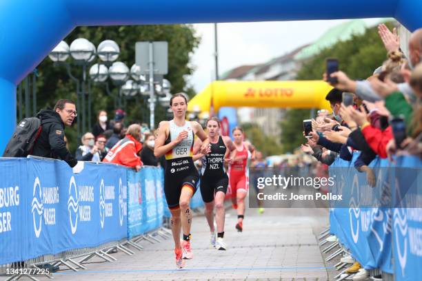 Marlene Gomez-Islinger of Germany performs in the Mixed Relay race at the World Triathlon Championship Series Hamburg 2021on September 19, 2021 in...