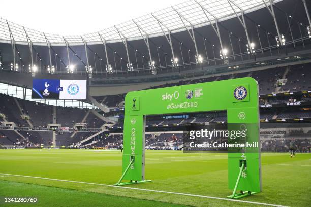 The Premier League #GameZero handshake board is seen inside the stadium prior to the Premier League match between Tottenham Hotspur and Chelsea at...