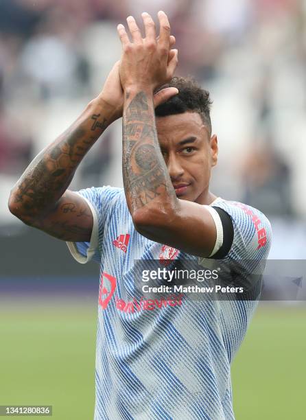 Jesse Lingard of Manchester United celebrates after the Premier League match between West Ham United and Manchester United at London Stadium on...