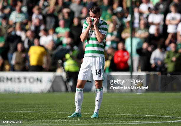 David Turnbull of Celtic reacts during the Cinch Scottish Premiership match between Livingston FC and Celtic FC at Alderstone Road at Almondvale...