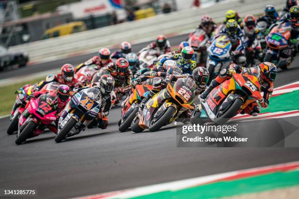 Moto2 riders after the start during the race of the MotoGP Gran Premio Octo di San Marino e della Riviera di Rimini at Misano World Circuit on...