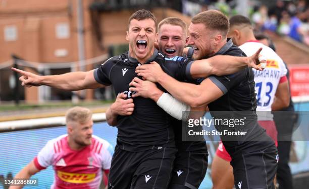 Falcons wing Adam Radwan celebrates with team mates after scoring the first Falcons try during the Gallagher Premiership Rugby match between...