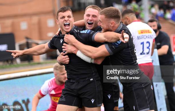 Falcons wing Adam Radwan celebrates with team mates after scoring the first Falcons try during the Gallagher Premiership Rugby match between...