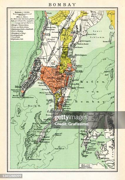 ilustraciones, imágenes clip art, dibujos animados e iconos de stock de mapa antiguo de la ciudad de bombay o mimbai 1898 - bombay map