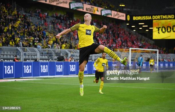 Erling Haaland of Dortmund celebrates his 2-0 goal during the Bundesliga match between Borussia Dortmund and 1. FC Union Berlin at Signal Iduna Park...