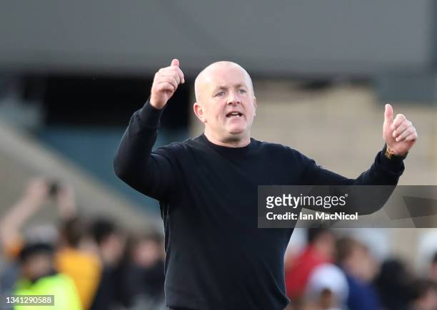 Livingston manager David Martindale celebrates at full time during the Cinch Scottish Premiership match between Livingston FC and Celtic FC at...