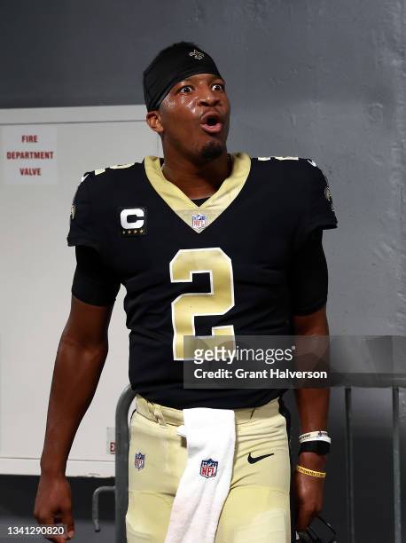Quarterback Jameis Winston of the New Orleans Saints before the game against the Carolina Panthers at Bank of America Stadium on September 19, 2021...