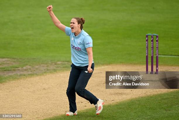 Nat Sciver of England celebrates taking the wicket of Sophie Devine of New Zealand during the 2nd One Day International match between England and New...