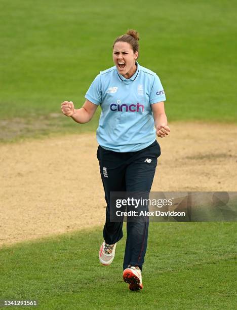 Nat Sciver of England celebrates taking the wicket of Sophie Devine of New Zealand during the 2nd One Day International match between England and New...