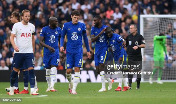 Ngolo Kante of Chelsea celebrates with teammate Antonio Ruediger after scoring their side's second goal during the Premier League match between...