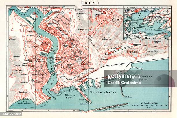 antike landkarte stadt brest frankreich 1898 - brittany france stock-grafiken, -clipart, -cartoons und -symbole