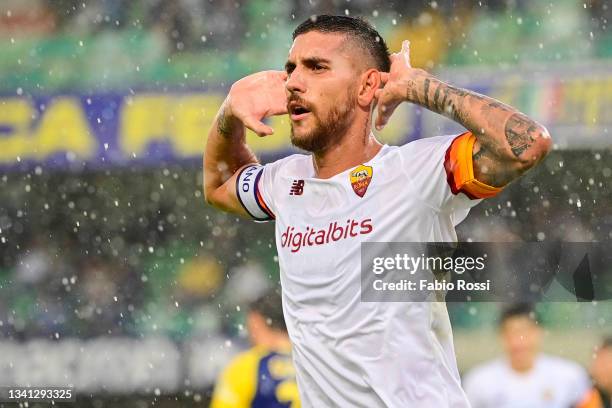 Lorenzo Pellegrini celebrates after scored a goal of 0-1 during the Serie A match between Hellas and AS Roma at Stadio Marcantonio Bentegodi on...