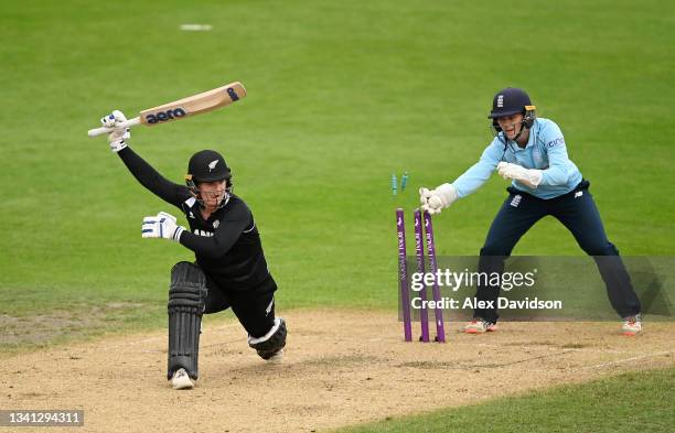 Brooke Halliday of New Zealand is stumped by Amy Jones of England during the 2nd One Day International match between England and New Zealand at New...