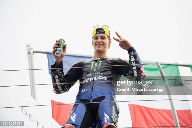 Fabio Quartararo of France and Monster Energy Yamaha MotoGP Team celebrates second place on the podium during the MotoGP race during the MotoGP Of...